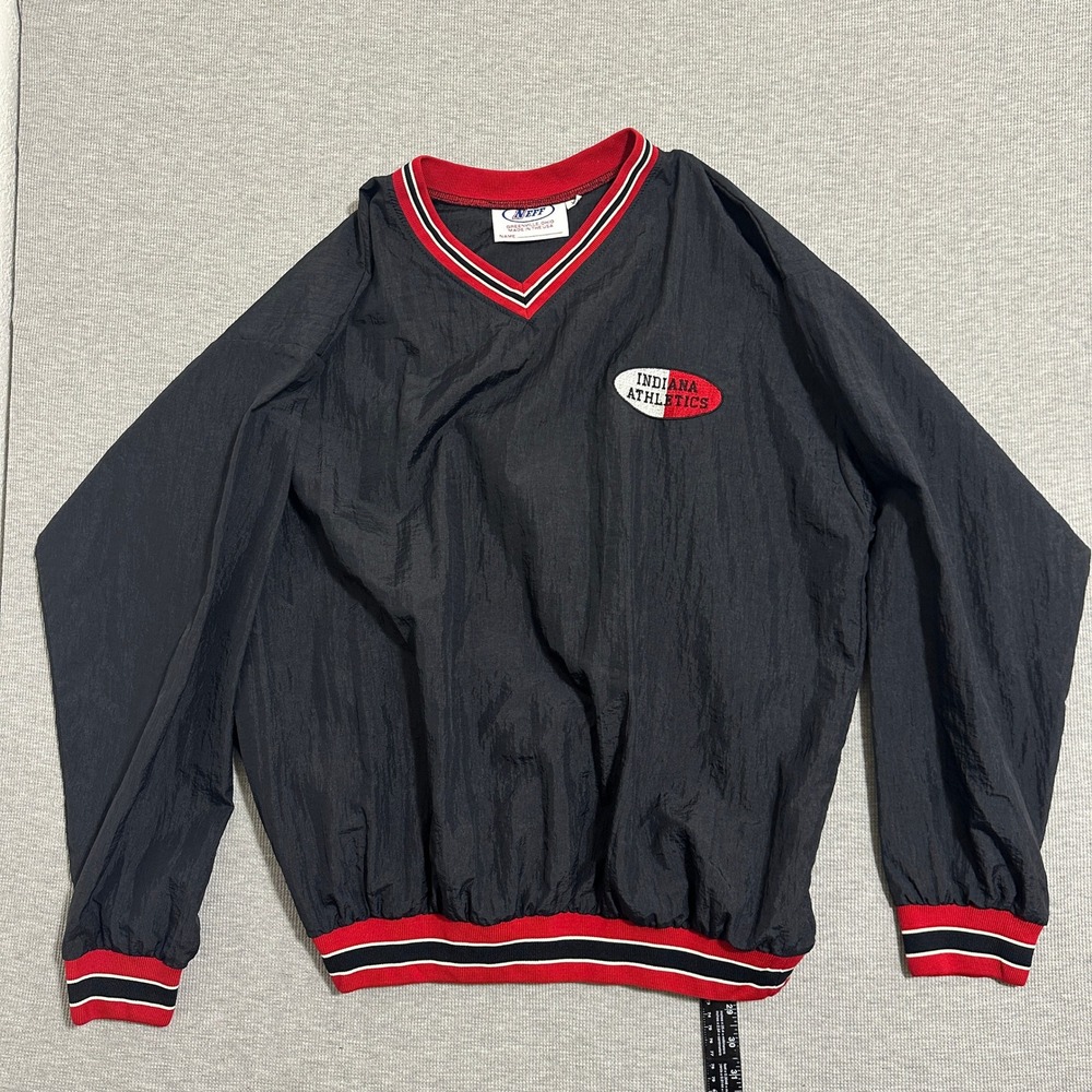Neff Indiana Athletics Pullover Windbreaker Mens XL Black Red V-Neck Vintage USA